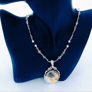 Handmade mother of pearl carved modern cameo with hand beaded chain